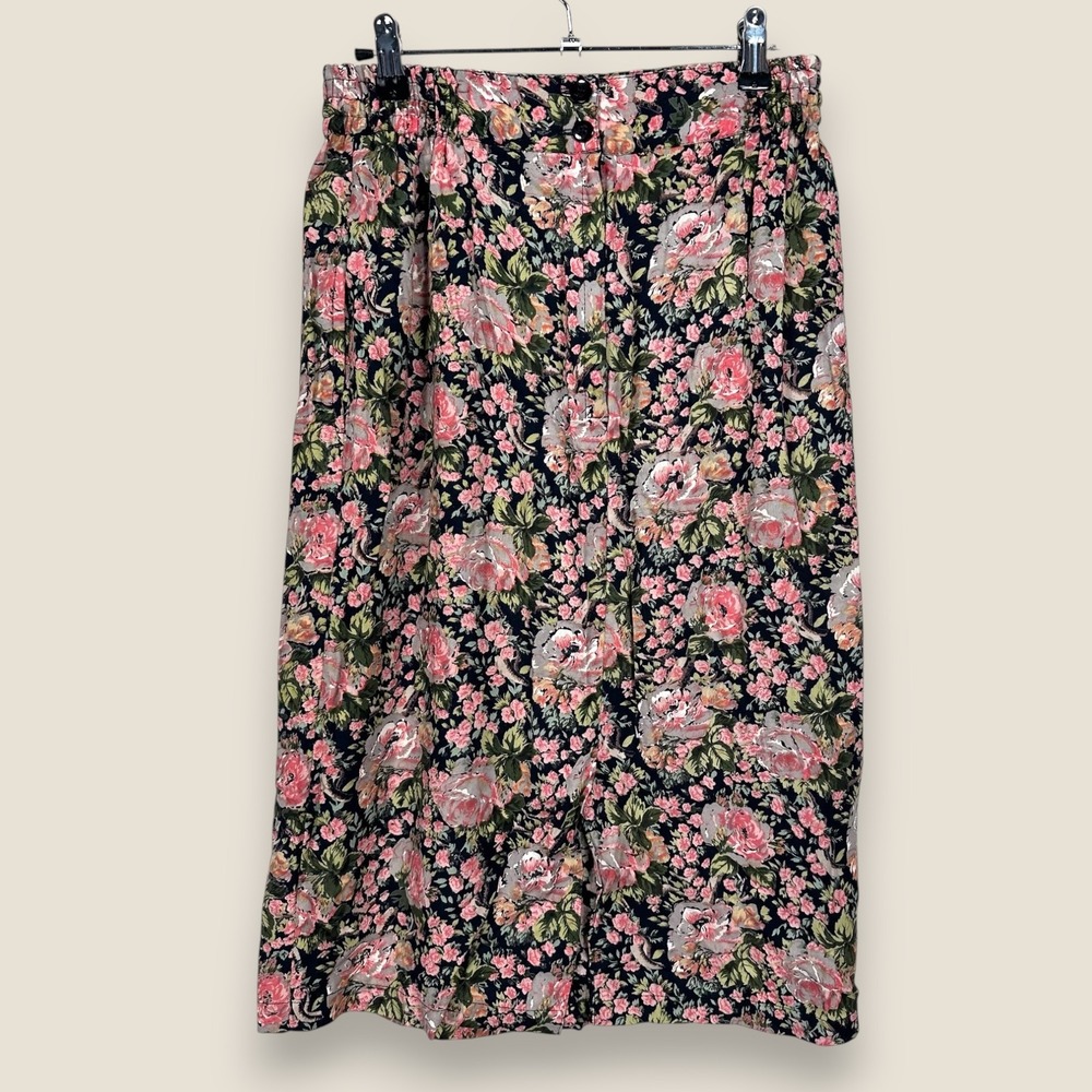 Vintage Passports Pier 1 Imports Floral Midi Skirt Women Medium Black Pink